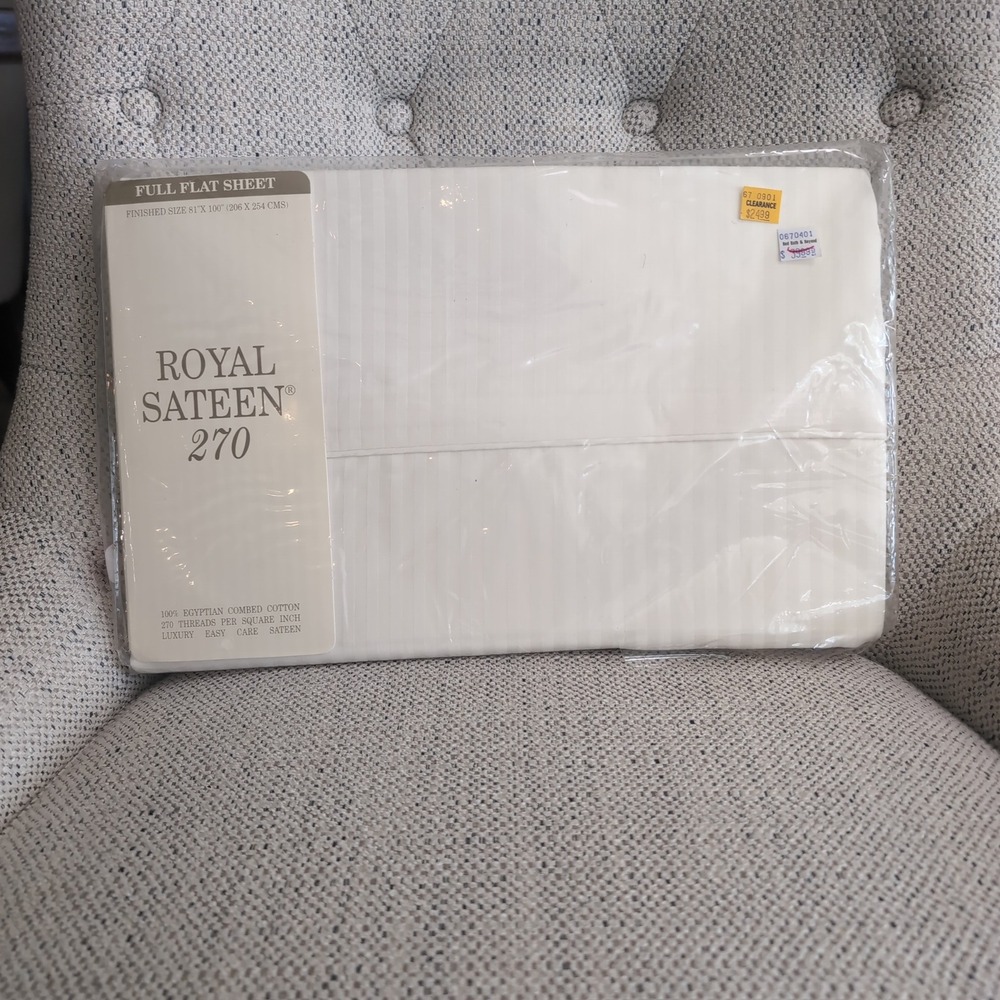 Vintage Royal Sateen 270 Egyptian Cotton Full Flat Sheet Oyster Striped NOS Seal